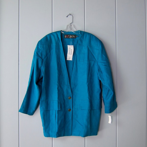 80s ESCADA Teal Blue Linen Blazer | 90s Oversized Linen Jacket | Modern Notched Lapel Pocket Coat - Deadstock CJ