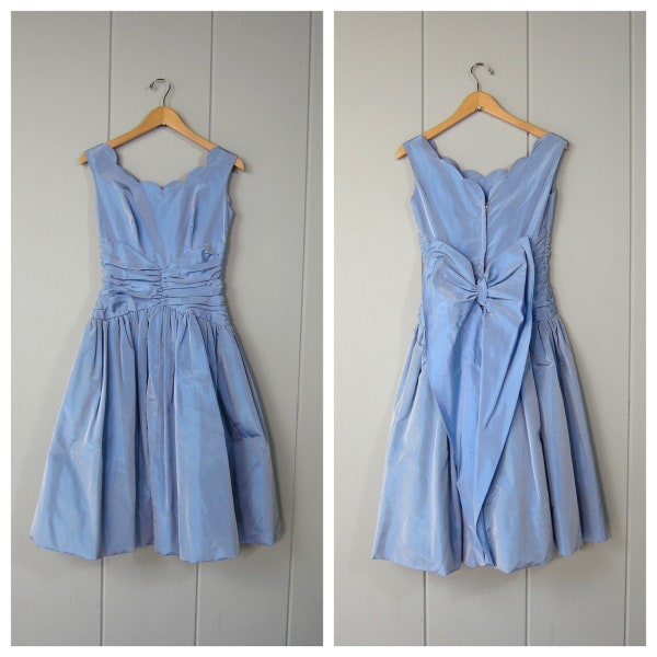 50s Iridescent Blue Party Dress | Vintage 60s Taffeta Poof Dress | Mid Century Cocktail Wedding Bridesmaid Dress with Bow