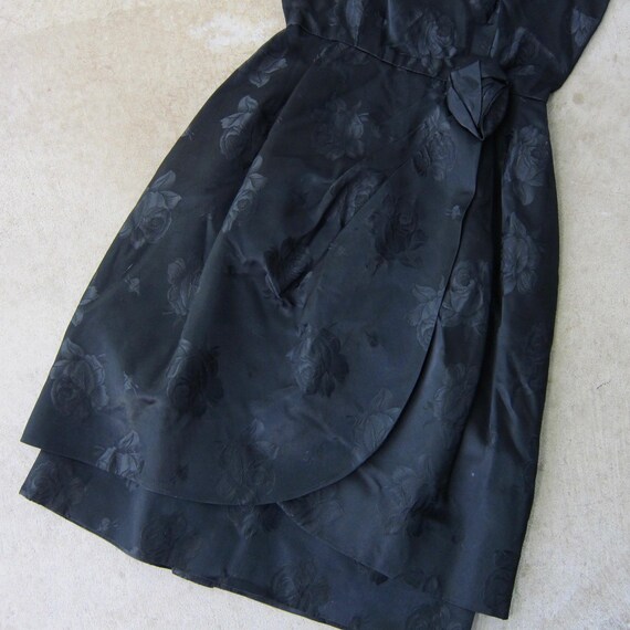 60s Black Sateen Party Dress: Embossed Floral Rose Print, Audrey Hepburn Style View 2