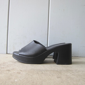 Y2K Black Platform Mules – Chunky Heel Peep Toe Leather Sandals – Vintage Size 41 Shoes