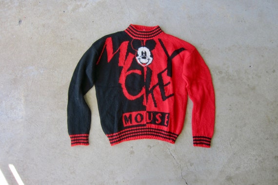 Pull en laine MICKEY Mouse des annees 80 Pull en laine color block noir rouge Mickey Pull Disney Etsy France