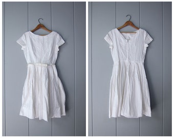 1950s White Cotton Day Dress | Embroidered Lace Mid Century Wedding Dress | GORGEOUS Short Sleeve Tea Party Prom Dress