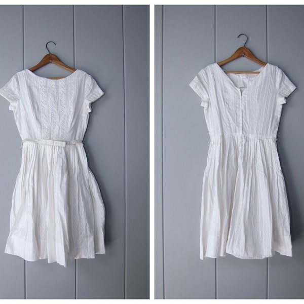 1950s White Cotton Day Dress | Embroidered Lace Mid Century Wedding Dress | GORGEOUS Short Sleeve Tea Party Prom Dress