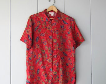 Blusa de seda roja de los años 90 / Camiseta de seda floral de gran tamaño / Camisa de manga corta con botones de marca Stunt