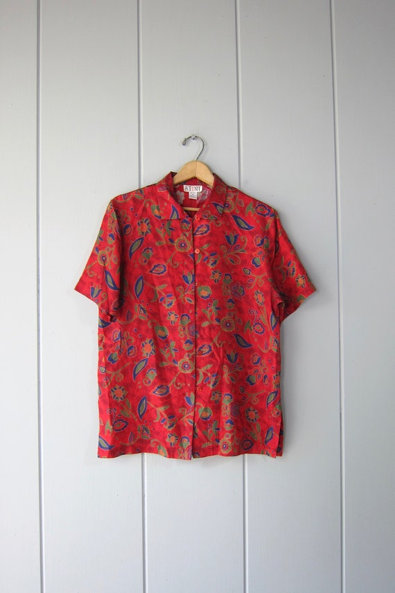 90s Red Silk Blouse | Oversized Floral Silk Tee | 