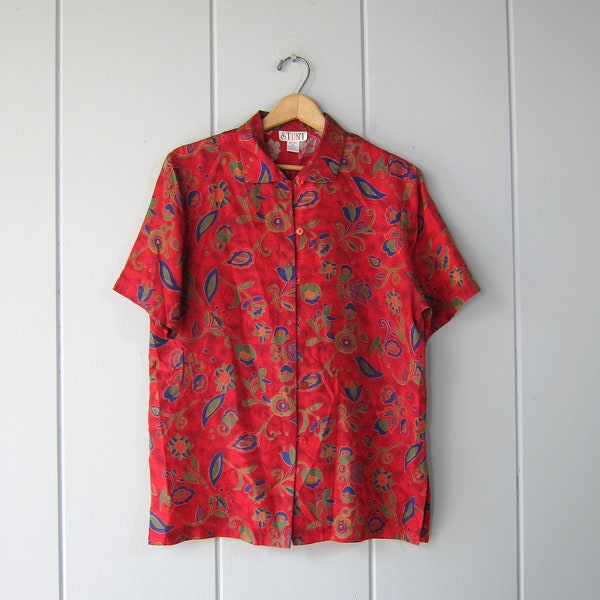 90s Red Silk Blouse | Oversized Floral Silk Tee | Stunt Brand Button Up Short Sleeve Shirt