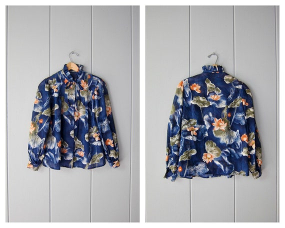 70s Button Up Floral Blouse | Long Sleeve Ascot T… - image 1