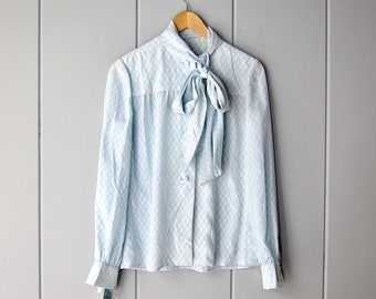 70s Polka Dot Blouse | Pale Blue White Silk Ascot Tie Shirt | Modern Silk Secretary Blouse | LA Law Blouse CJ