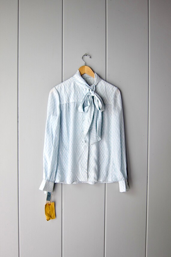 70s Polka Dot Blouse | Pale Blue White Silk Ascot 