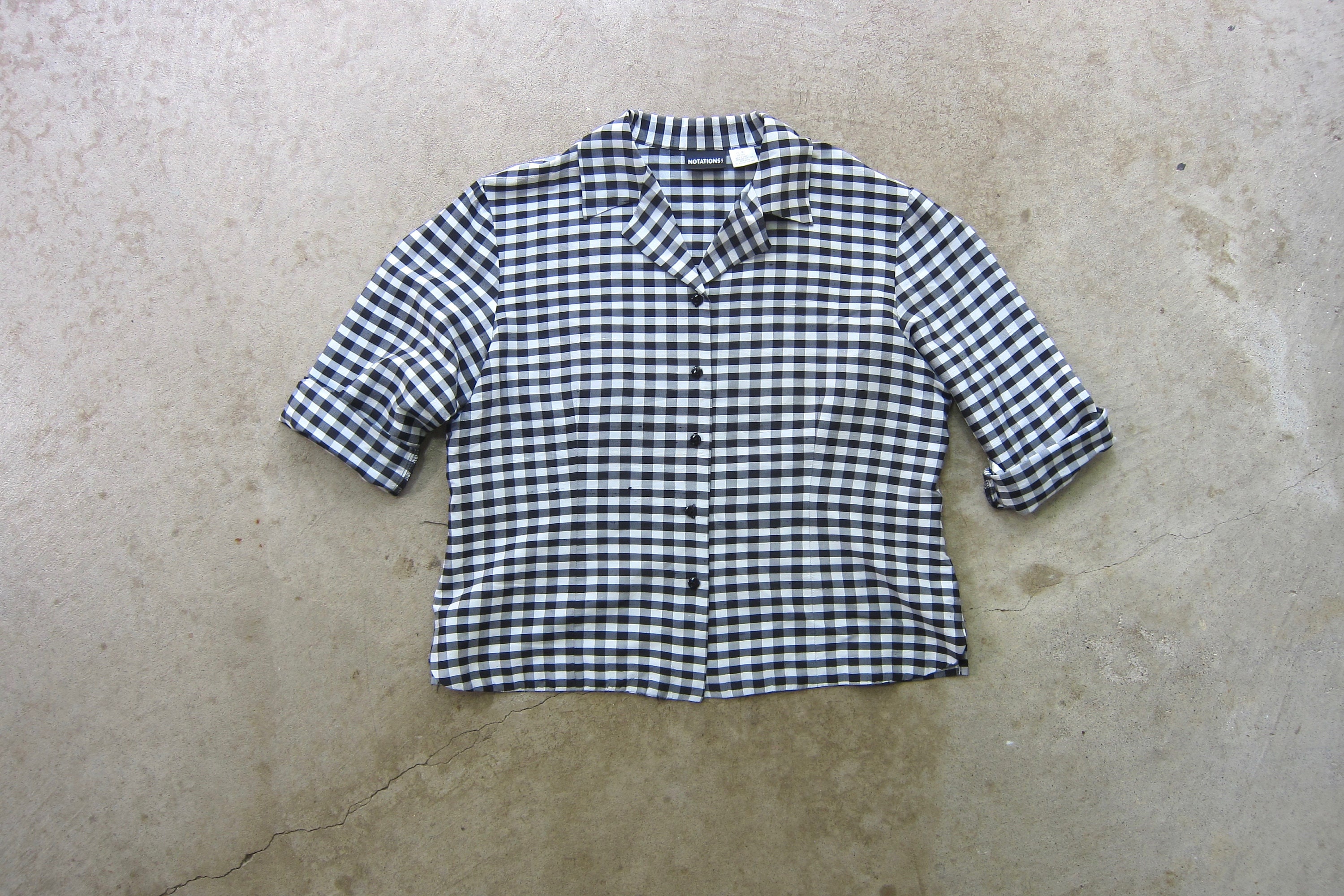 90s Checkered Silk Shirt | Half Sleeve Boxy Black White