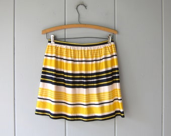 60s Mod Mini Skirt | Yellow Blue Striped Skirt | White Waist Go Go Skirt