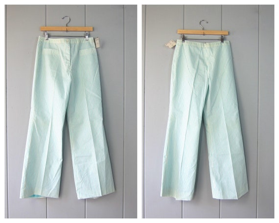 70s Anne Klein Wide Leg Pants | Mint Green & White
