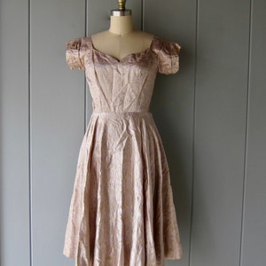 1950s Pink Dress with Gold Embroidered Flowers | Vintage Mid Century 50s Party Dress with Rhinestones | Holiday Cocktail Dress