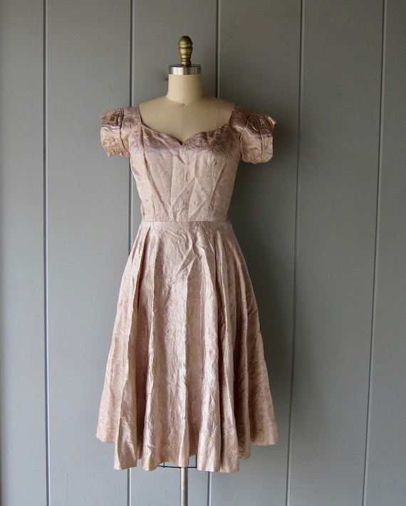1950s Pink Party Dress: Vintage Gold Embroidered Floral Cocktail Dress 1950s Pink Party Dress: Vintage Gold Embroidered Floral Cocktail Dress