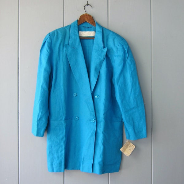 80s ESCADA Blue Linen Blazer | 90s Oversized Linen Jacket | Modern Notched Lapel Pocket Coat - Deadstock CJ