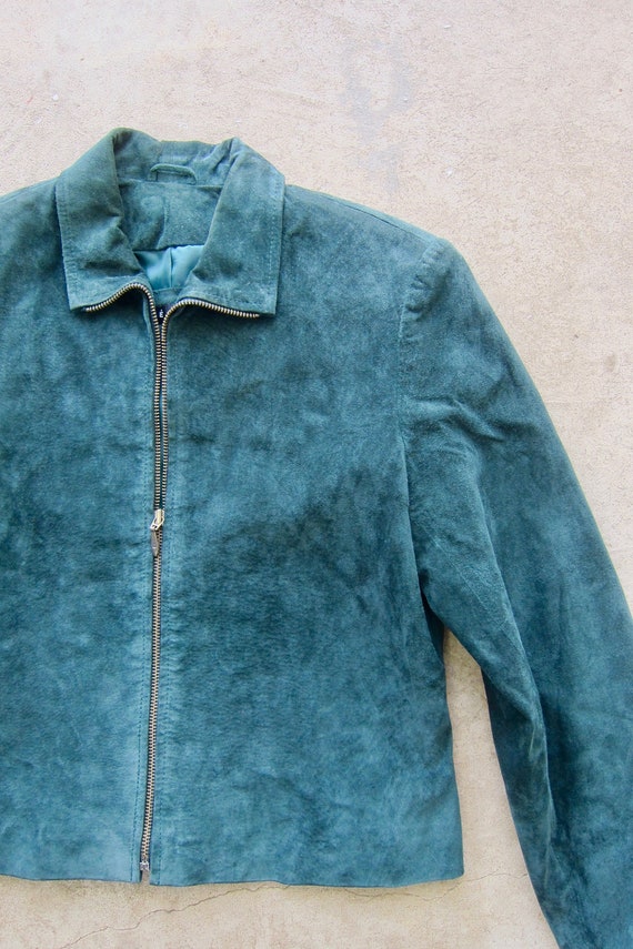 Dark Green Suede Jacket | 90s Zip Up Leather Coat… - image 3