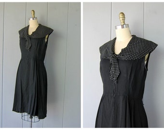 Vintage Black Sundress with Polka Dot Collar | 60s Sleeveless Midi Dress | Chic Tea Party Dress .