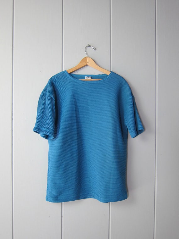 80s Teal Blue Textured Tshirt | Vintage Oversized… - image 2