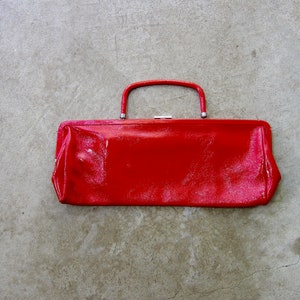 Red Patent Leather Clutch | HOBO Long Mod Hand Bag | Long Rectangular Envelope Purse OR Handbag | Modern Shiny Red Leather Cocktail Bag