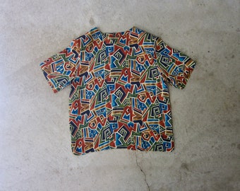 Vintage Abstract Print Silk Blouse | 90s Short Sleeve Silk Top | Boxy Earth Tone Silk Tee Shirt