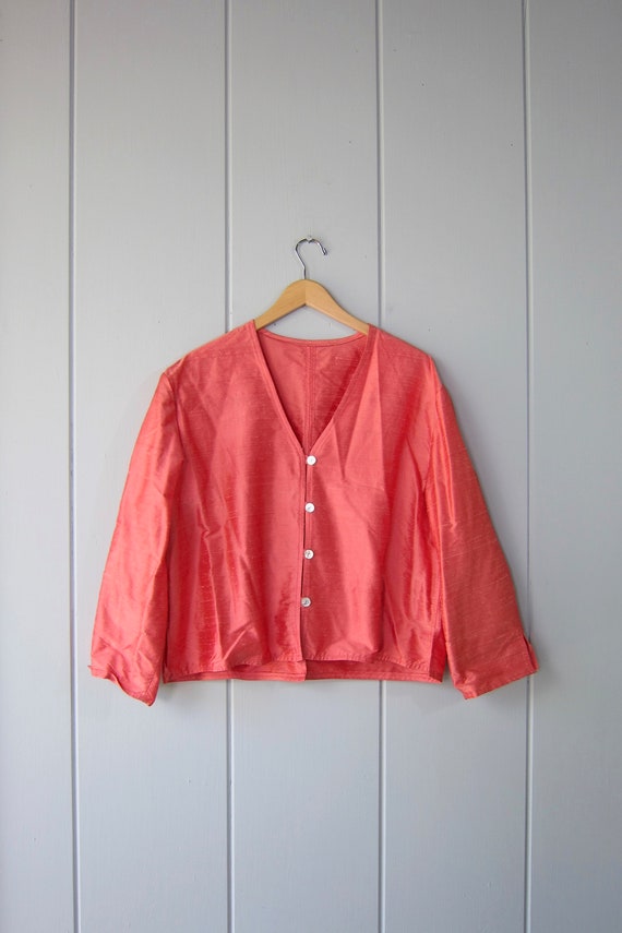 Boxy Pink Silk Blouse | Long Sleeve Raw Silk Butto