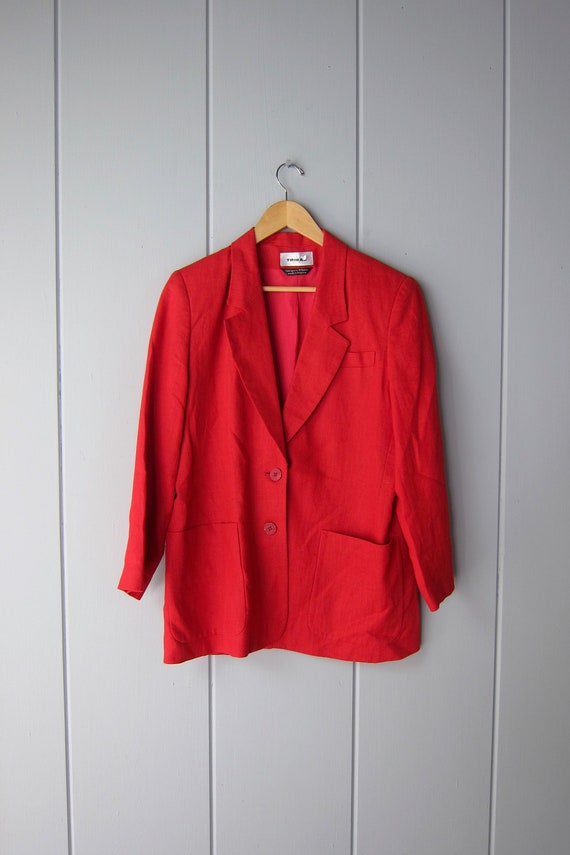 Red Linen Blazer | 90s Minimal Button Up Jacket | 