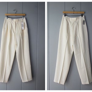 90s ESCADA Natural White Wool Trousers | Vintage Pleated High Waist Loose Fit Modern Pants | Straight & Tapered Leg Slacks - Deadstock CJ