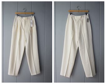 90s ESCADA Natural White Wool Trousers | Vintage Pleated High Waist Loose Fit Modern Pants | Straight & Tapered Leg Slacks - Deadstock CJ