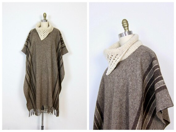 Natural Wool Poncho | Vintage Long Wool Knit Pullo