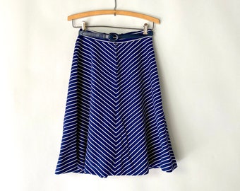 70s Blue White Chevron Stripe Skirt | Vintage Ginori Sportswear Aline Skirt | Belted High Waist Mod Flare Skirt CJ