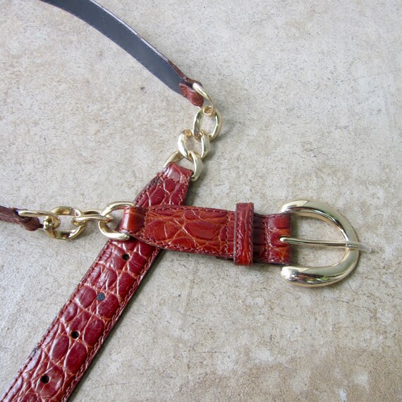 90s Brown Croc & Chain Leather Belt | Leather Gol… - image 4