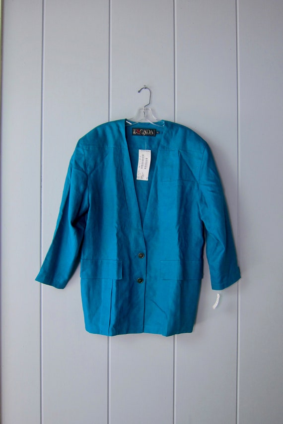 80s ESCADA Teal Blue Linen Blazer | 90s Oversized… - image 4