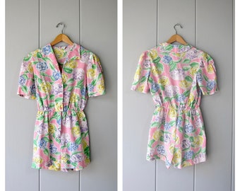 80s Floral Shorts Romper | 1980s Printed Short Sleeve Shorteralls | Colorful Flower Print One Piece Jumper Onesie