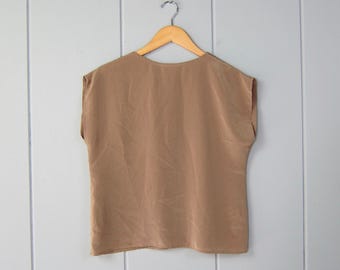 70s Cap Sleeve Tee | Brown Tan Modern Tshirt | 80s Minimal Tee