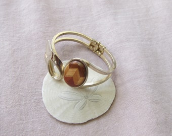 70s Thick Silver  Brass Cuff Bracelet | Vintage 1970s Tiger Eye Clasp Cuff Bangle Boho Navajo Jewelry