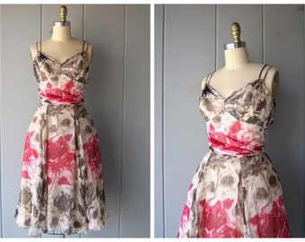 Vintage Silk Chiffon Dress | Pink White Sweetheart Dress | Garden Day Dress | Vintage Pink Flower Print Dress