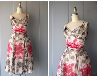 Vintage Silk Chiffon Dress: Pink Floral Sweetheart XS