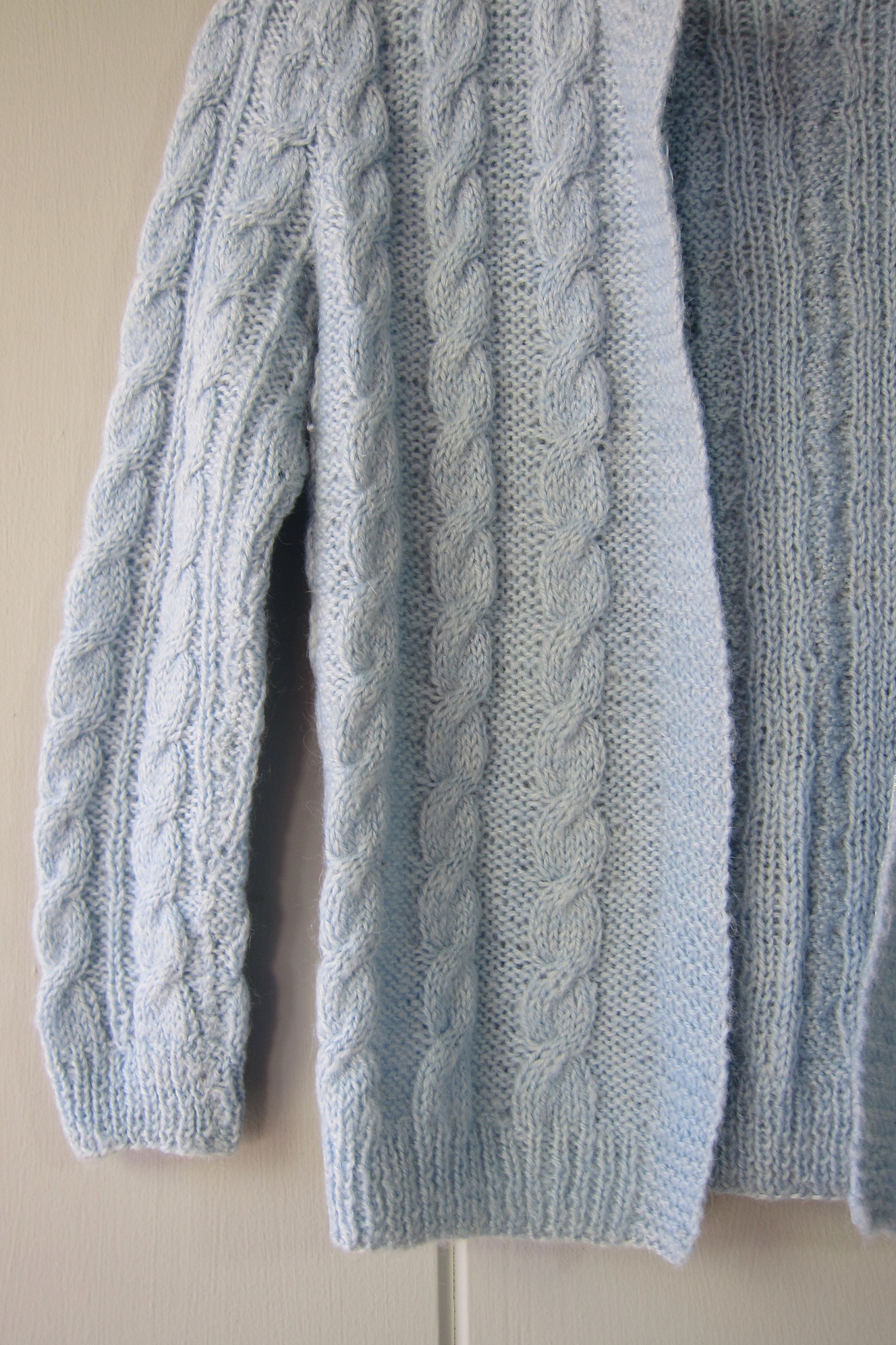 60s Baby Blue Hand Knit Sweater | Handwoven Cable Knit 60s Baby Blue Hand Knit Sweater | Handwoven Cable Knit