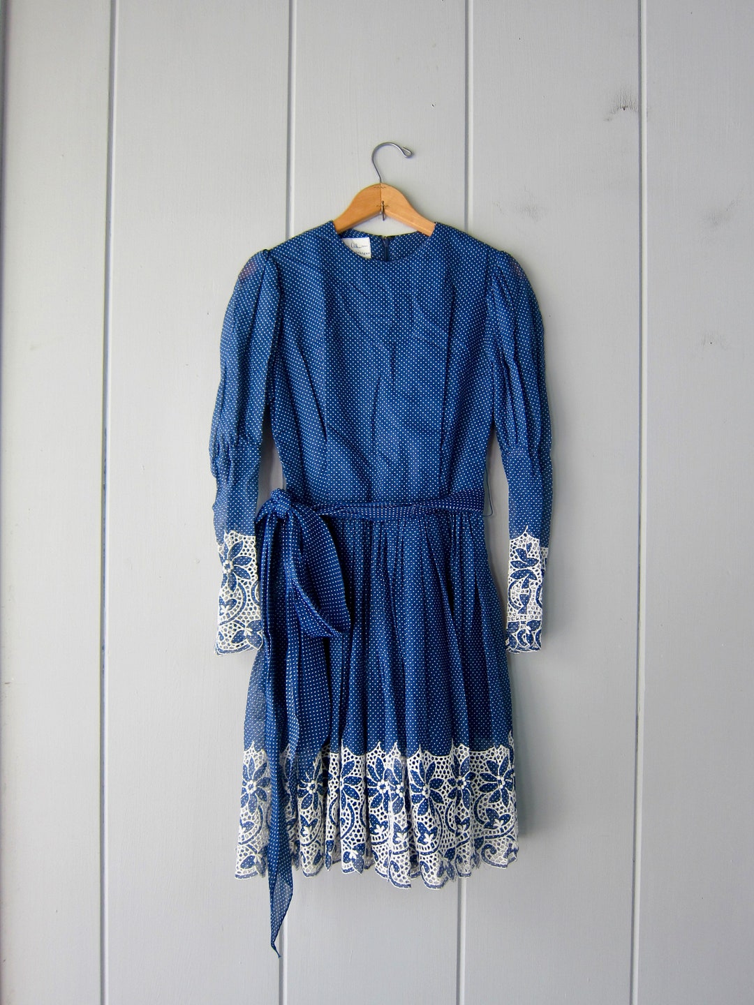 70s Bill Atkinson Blue Polka Dot Dress: Lace Appliqu Chiffon Overlay