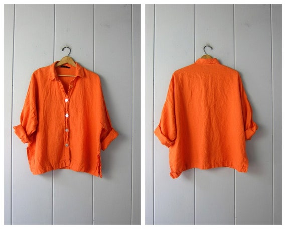 Oversized Orange Linen Shirt | Button Up Boxy Blou