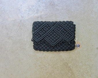 70s Black Crochet Handbag | Vintage Knit Purse | Thick Knit Clutch