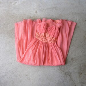 Vintage 50s Fred Perlberg Coral Chiffon Gown: Strapless Ruched Party Dress 
