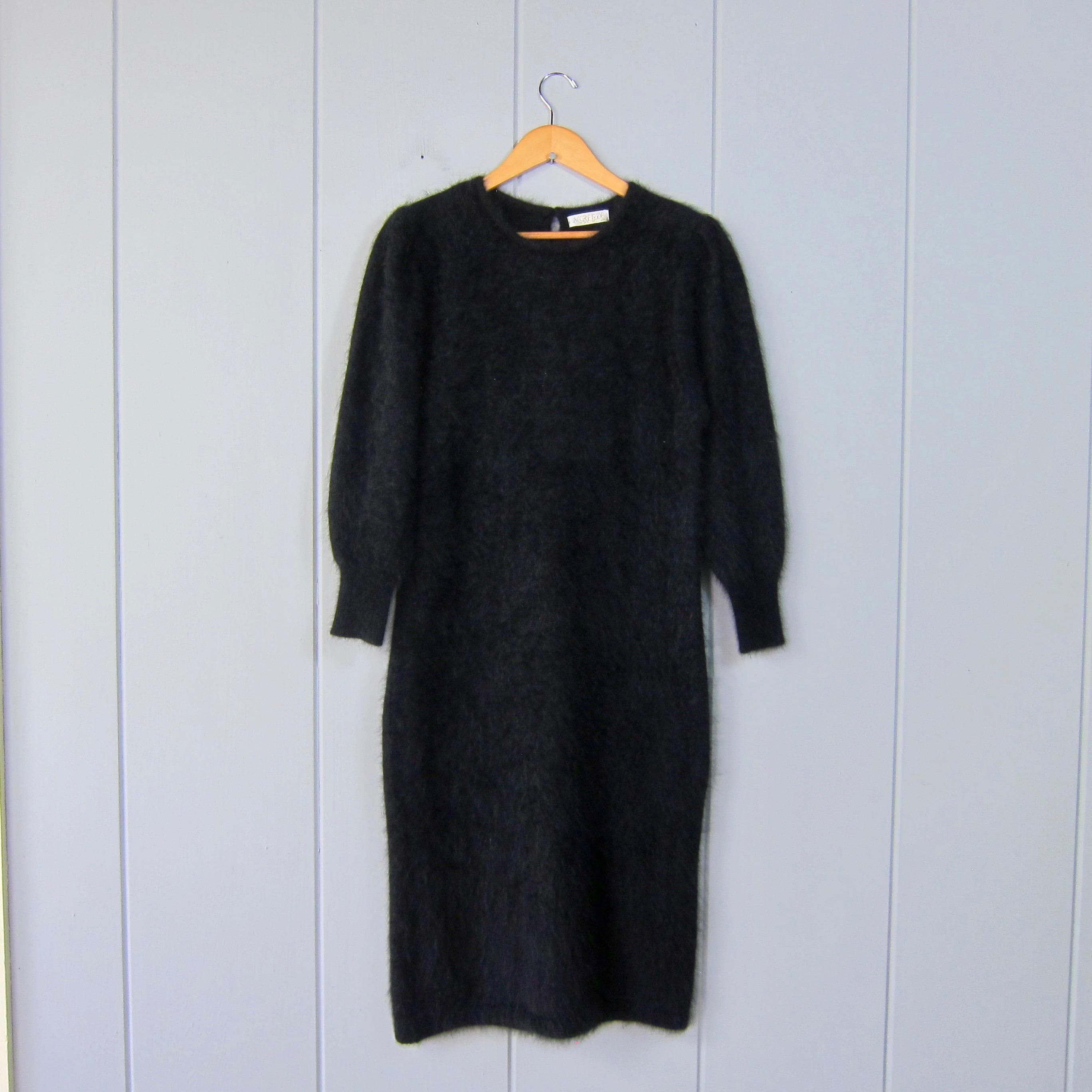 Vestido de suéter de pelo de angora negra de los años 80 Vestido