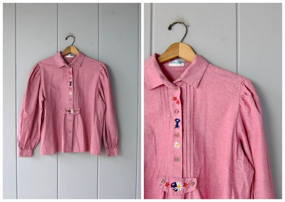 80s Pink Cotton Peasant Blouse | Button Up Smock S