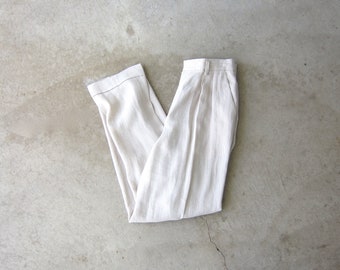 90s Natural Linen Rayon Trousers | Modern & Minimal Pleated Slacks | High Waisted Pleated Pants