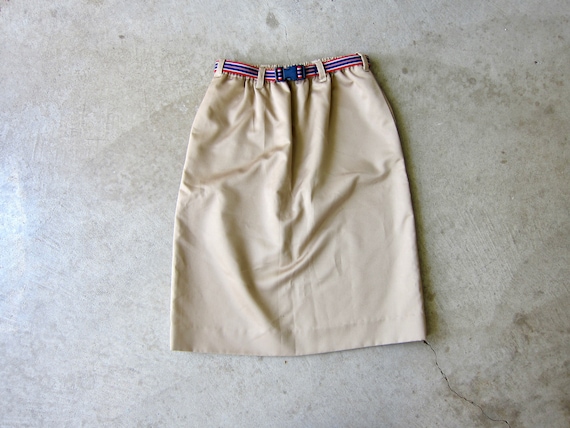 70s Aline Mini Skirt | Khaki Elastic Waist Belted… - image 1