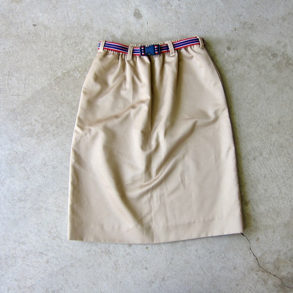 70s Aline Mini Skirt | Khaki Elastic Waist Belted Skirt | Preppy Everyday Skirt