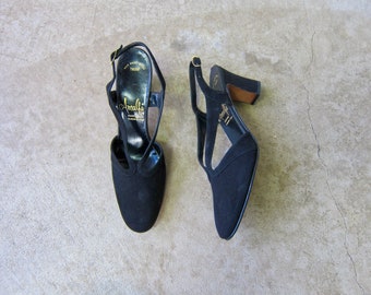 70s Amalfi Black Suede Slingback Pumps: Italian Leather Block Heels