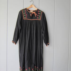 Vintage 70s Hand Embroidered Indian Dress Traditional Black Cotton Indian Bib Dress Ethnic Dress