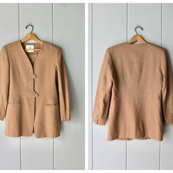 Women's 80s Minimal Blazer | Modern Bold Shoulder Blazer | Beige Suit Jacket